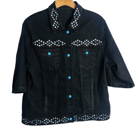 DG2 Diane Gilman Jean Jacket Women XL 3/4 Slv Studded Turquoise Rhinestone Black - Picture 4 of 6